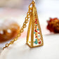Real Pressed Flowers in Resin, Gold 3D Triangle Necklace in Teal Orange Red