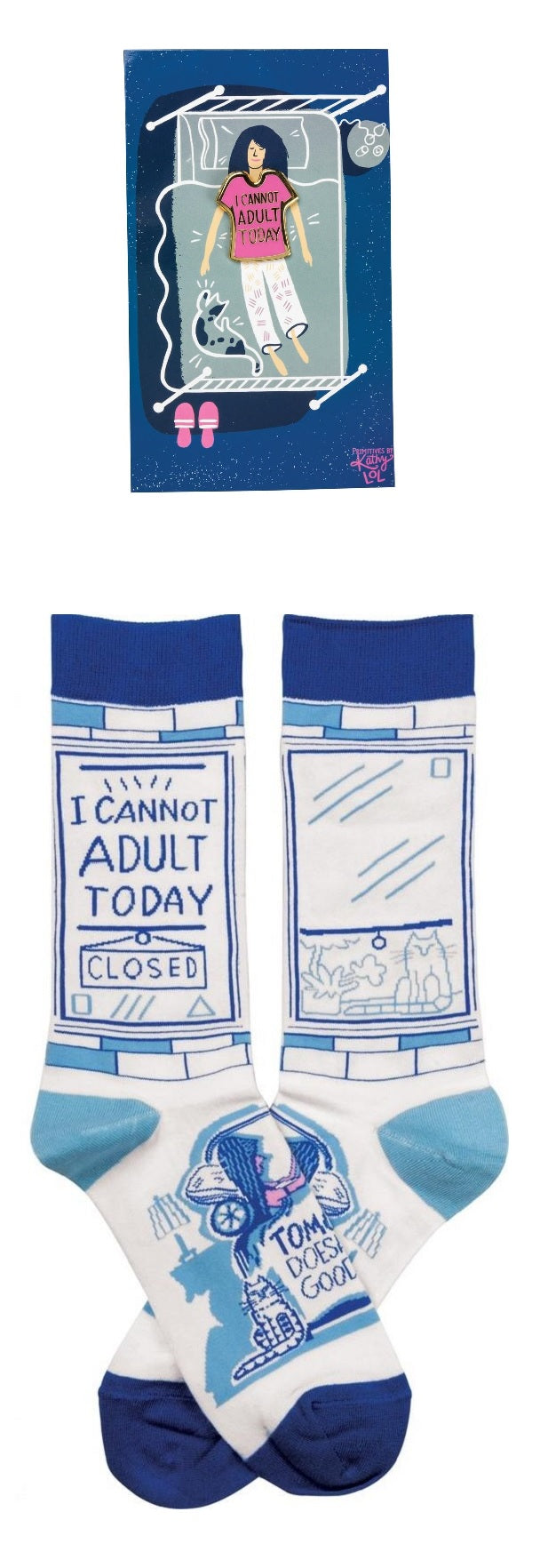 I Cannot Adult Today Enamel Pin and Socks Gift Set Bundle