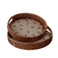 Set 2 Pack Round Rattan Wicker Tray with Mother of Pearl Inlay Wooden Base and Insert Handle for Home Decor and Display