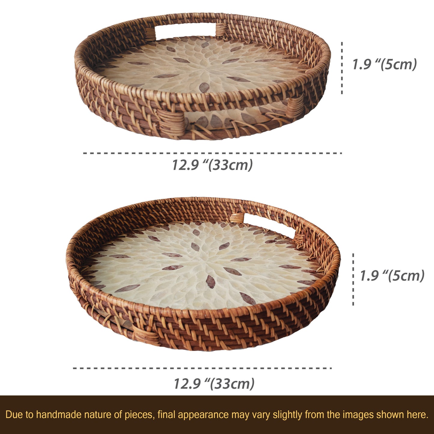 Set 2 Pack Round Rattan Wicker Tray with Mother of Pearl Inlay Wooden Base and Insert Handle for Home Decor and Display